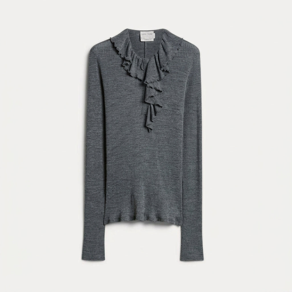 Ribbed Wool Ruffle T-Shirt 15431 Grey