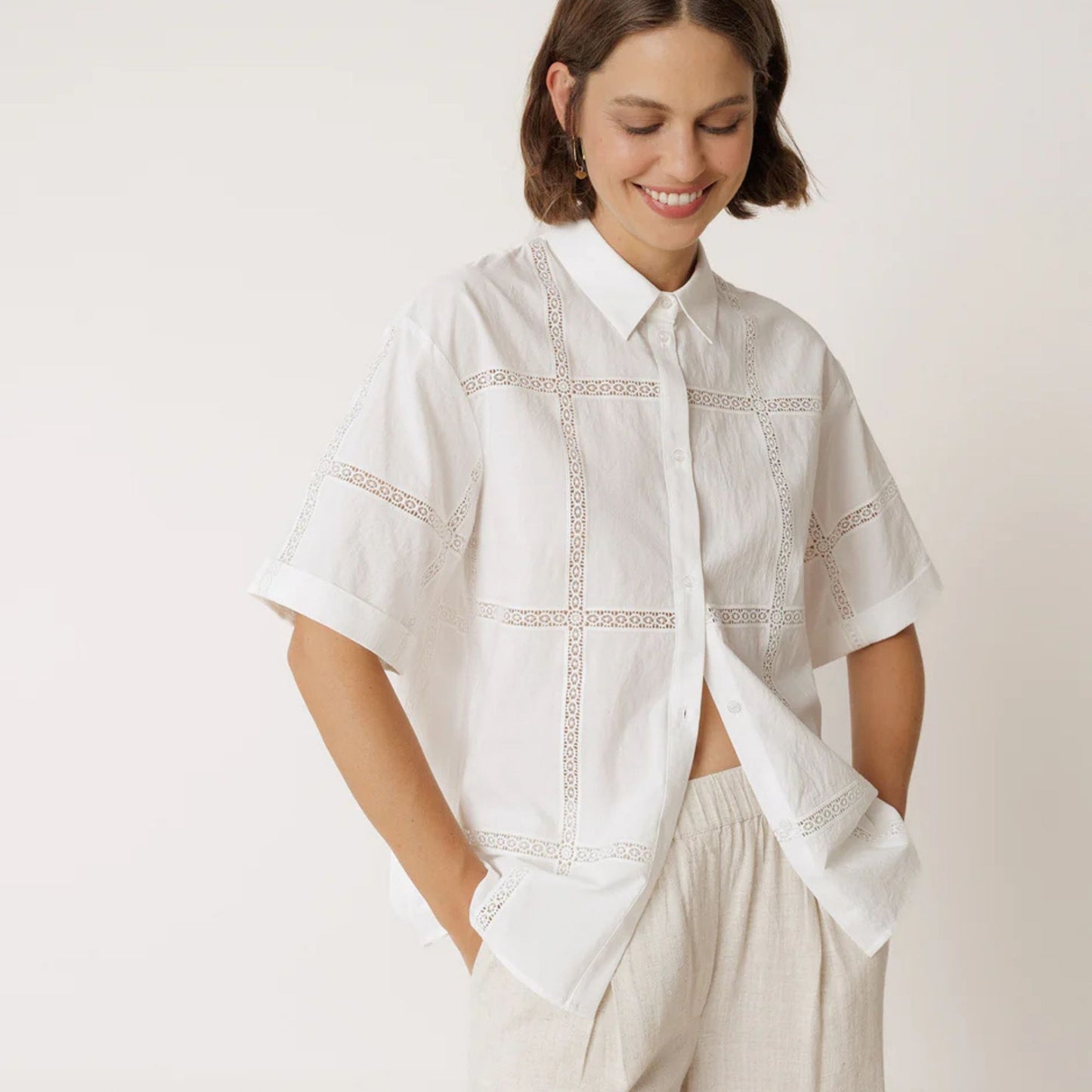 Lace Poplin Shirt White