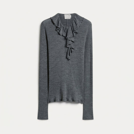Ribbed Wool Ruffle T-Shirt 15431 Grey