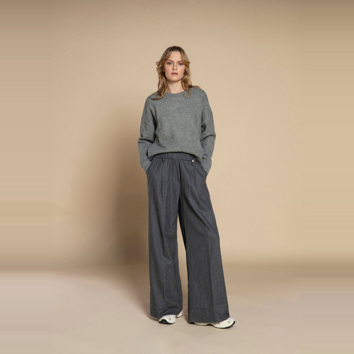 Myths Wide Pleated Flannel Trousers Light Grey