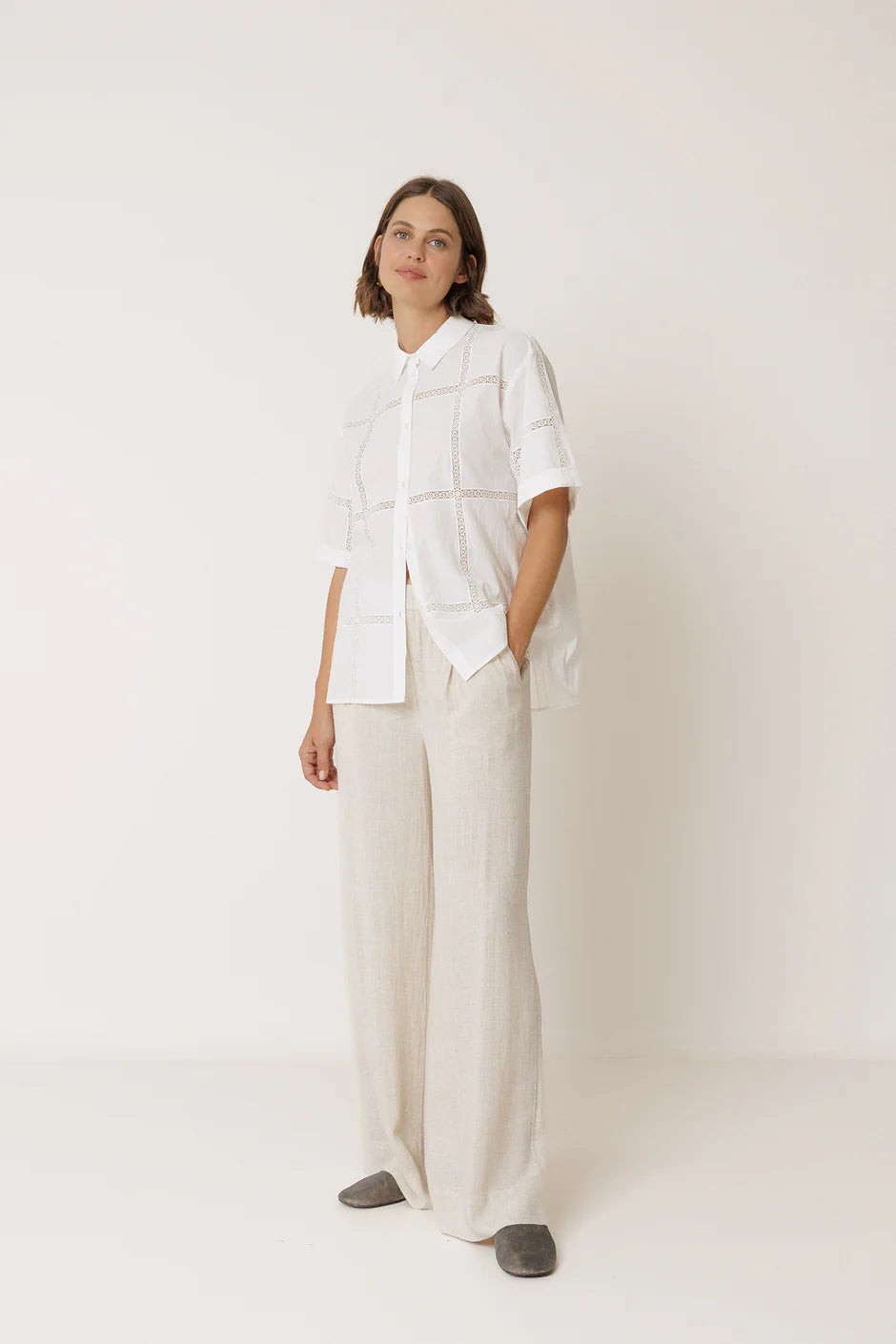 Lace Poplin Shirt White