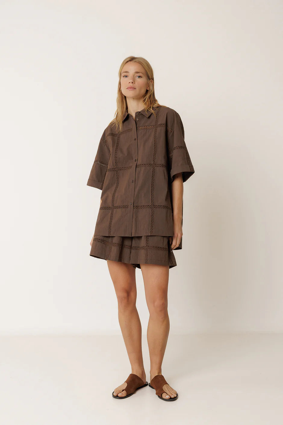 Lace Poplin Shirt Brown