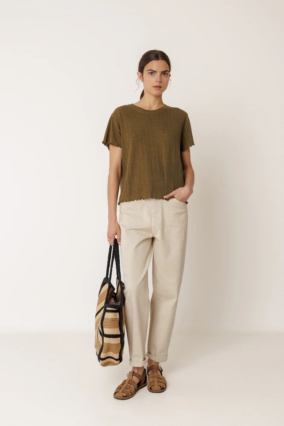Cropped Ribbed T-Shirt khaki